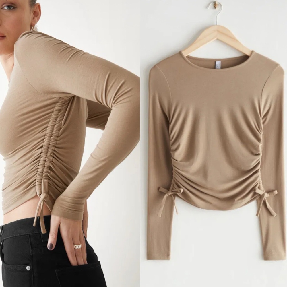 & Other‎ Stories Brown Tan Side Ruched Long Sleeve Blouse Top Crew Neck Medium M